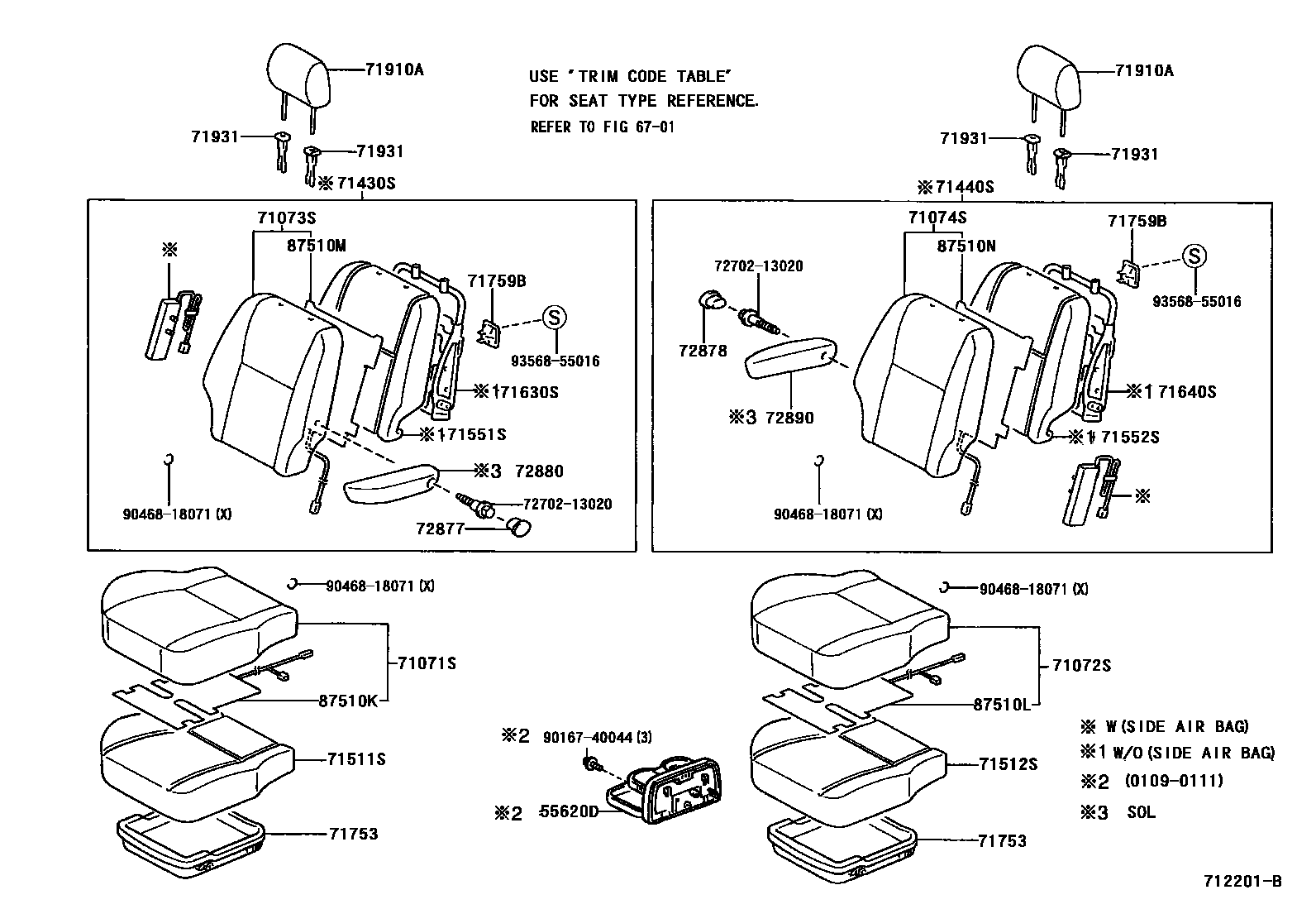 Toyota COROLLA 前排座椅和座椅滑轨 EPC diagram — 712201B