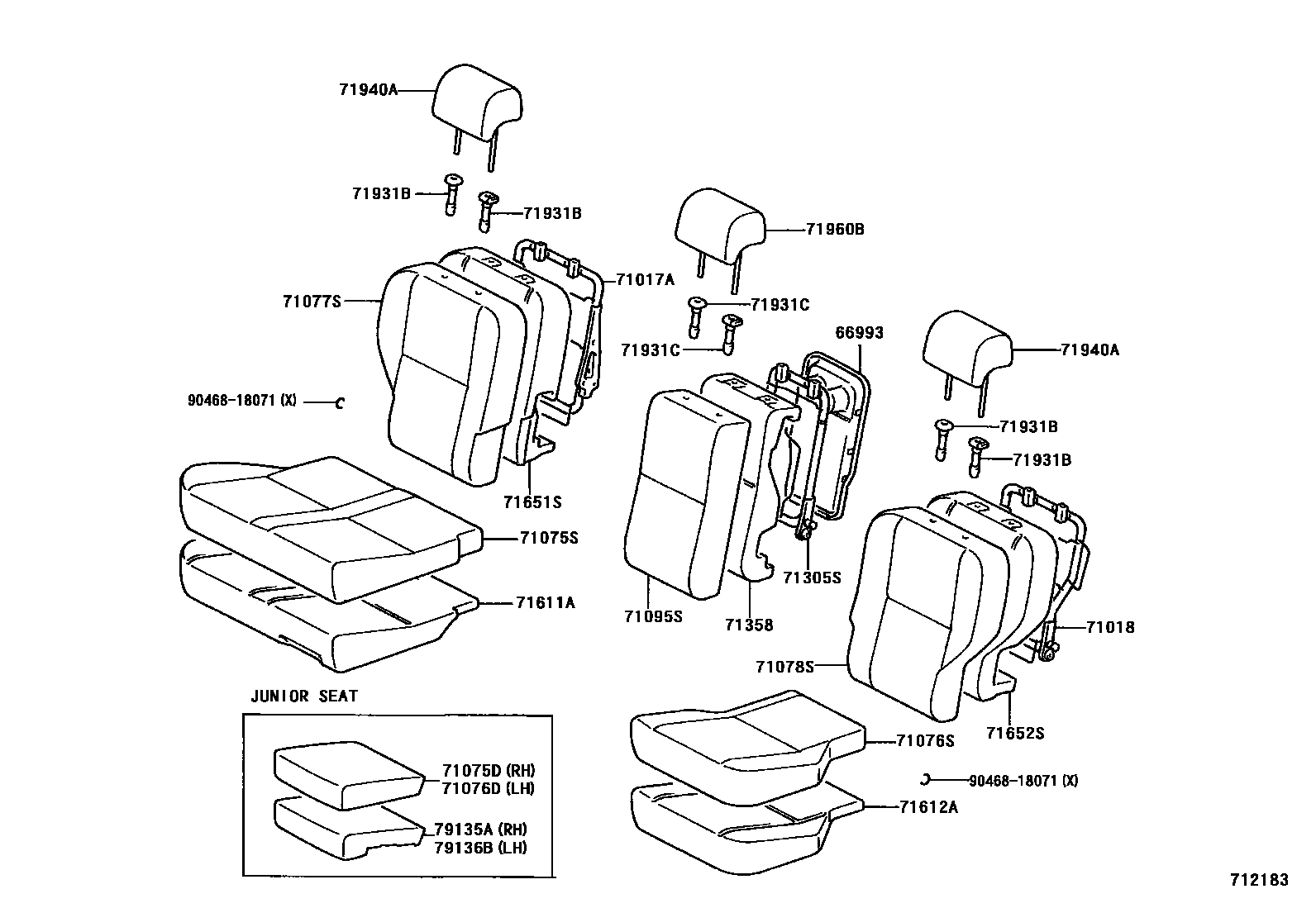 Toyota COROLLA 后排座椅和座椅滑轨 EPC diagram — 712183
