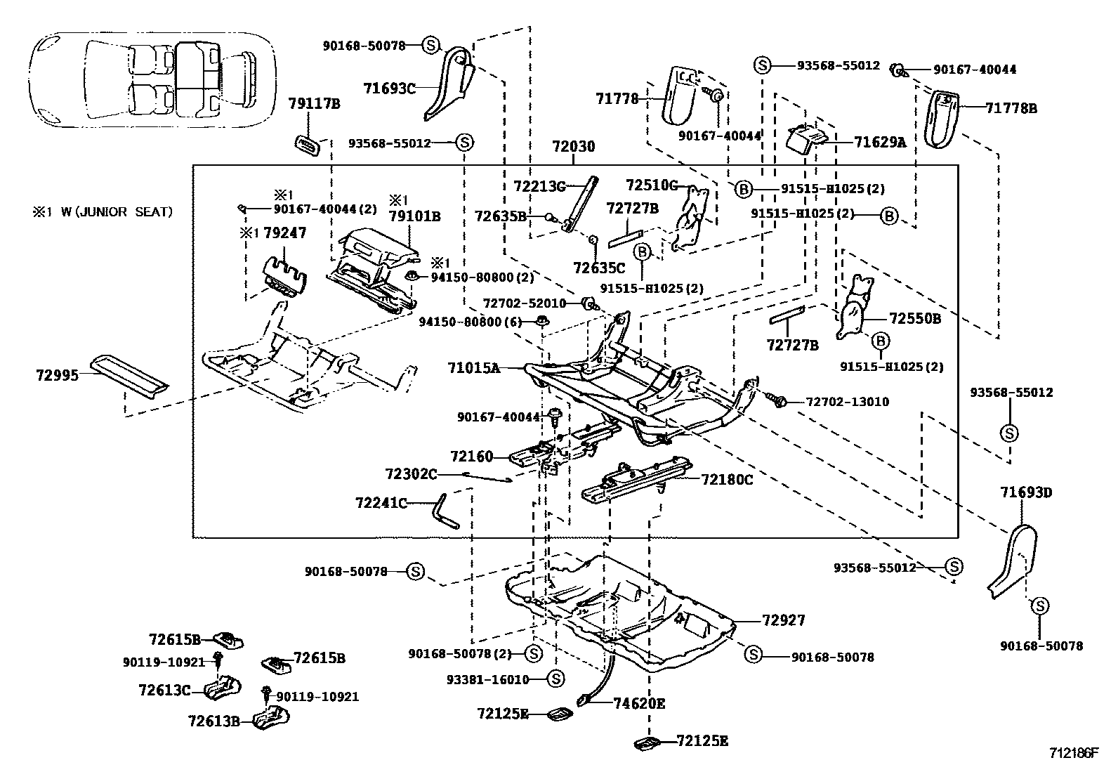 Toyota COROLLA 后排座椅和座椅滑轨 EPC diagram — 712186F
