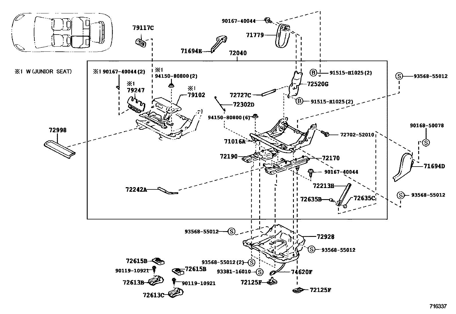 Toyota COROLLA 后排座椅和座椅滑轨 EPC diagram — 716337