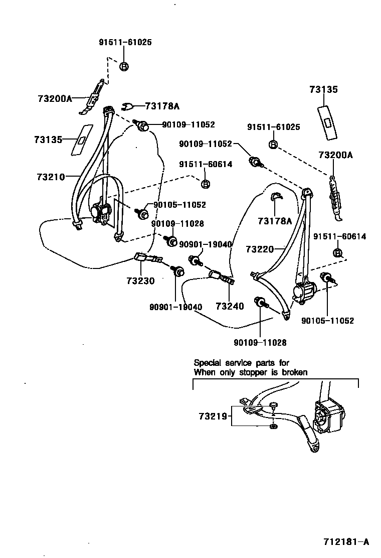Toyota COROLLA 安全带和儿童保护座椅 EPC diagram — 712181B