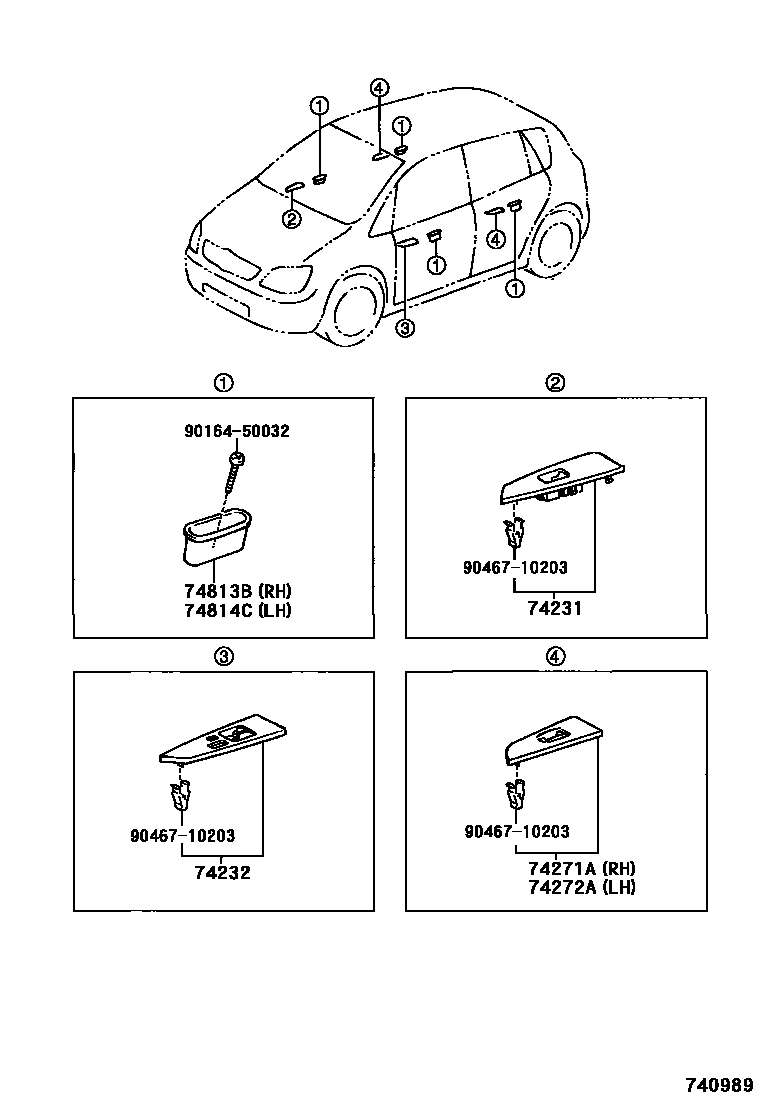 Toyota COROLLA 扶手和遮阳板 EPC diagram — 740989