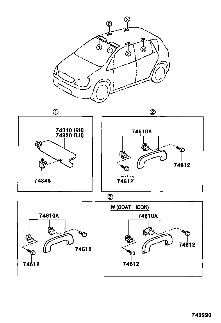 Toyota COROLLA 扶手和遮阳板 EPC diagram — 740990
