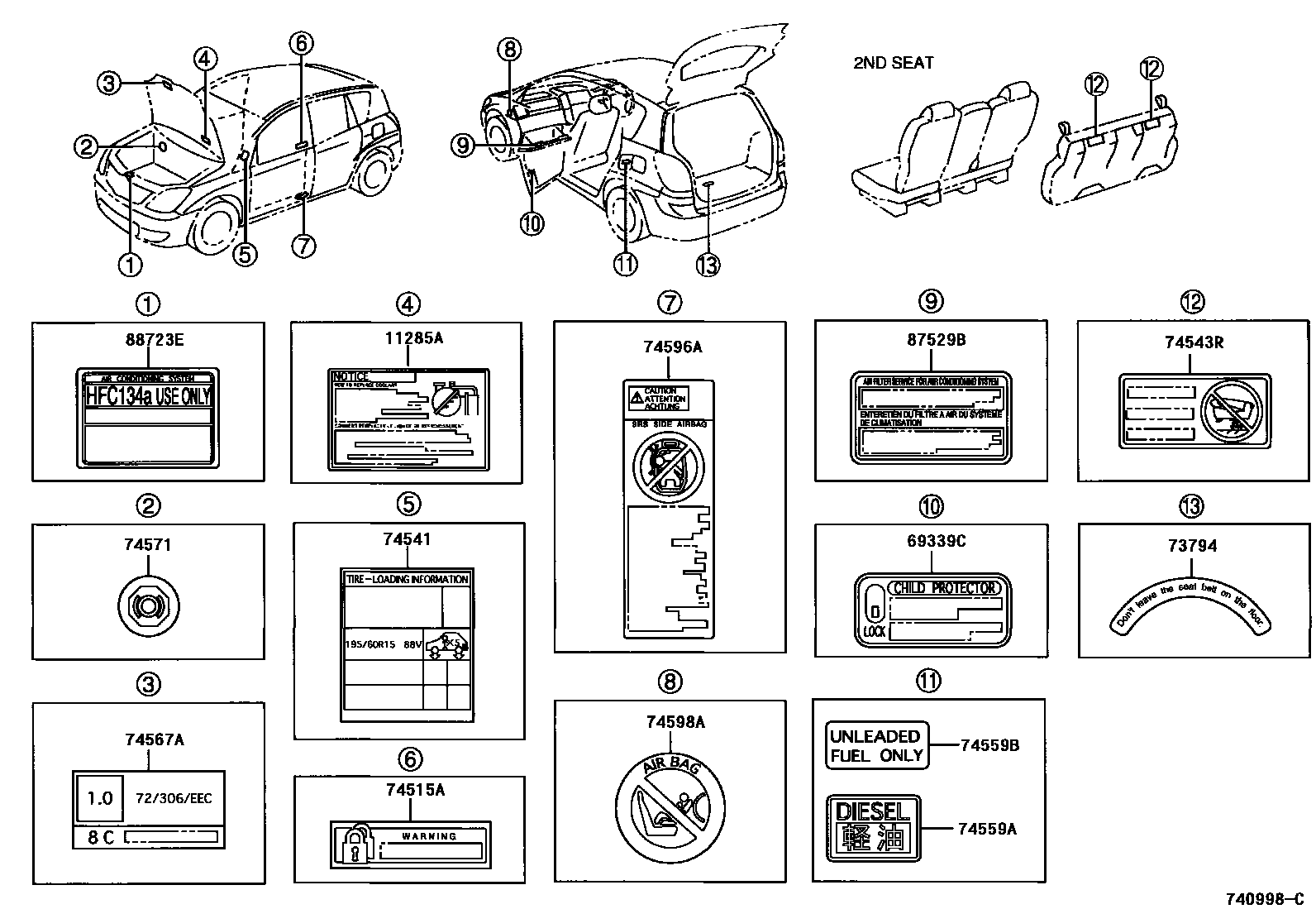Toyota COROLLA 警示铭牌(车外和车内) EPC diagram — 740998C