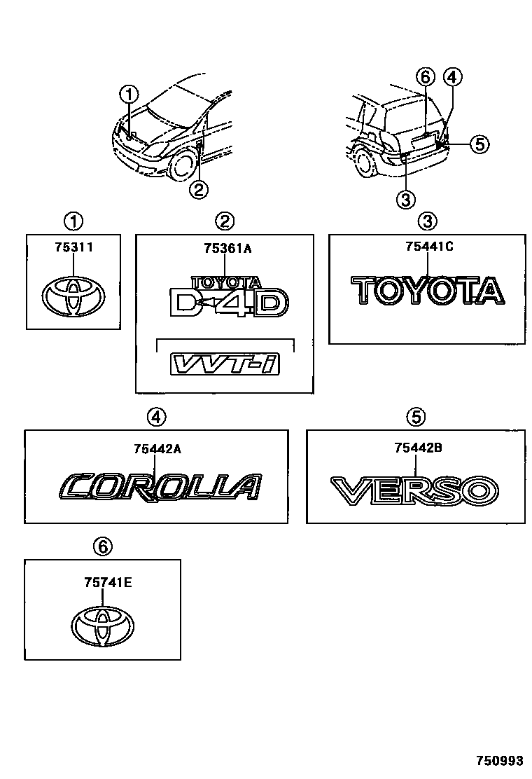 Toyota COROLLA 丰田徽标和铭牌(车外和车内) EPC diagram — 750993