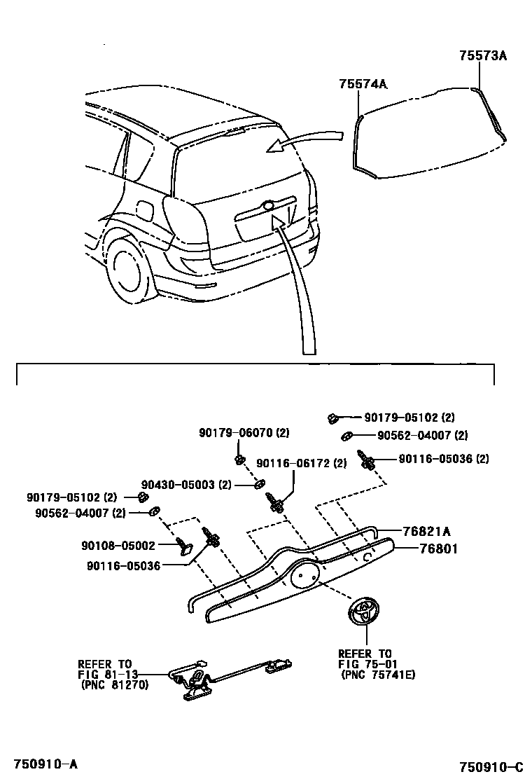 Toyota COROLLA 后防护条 EPC diagram — 750910C