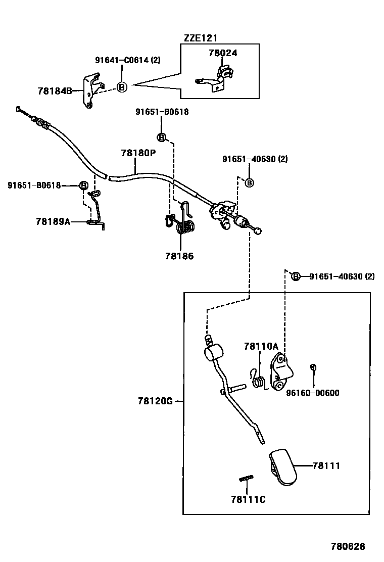 Toyota COROLLA accelerator pedal connecting rod EPC diagram — 780628