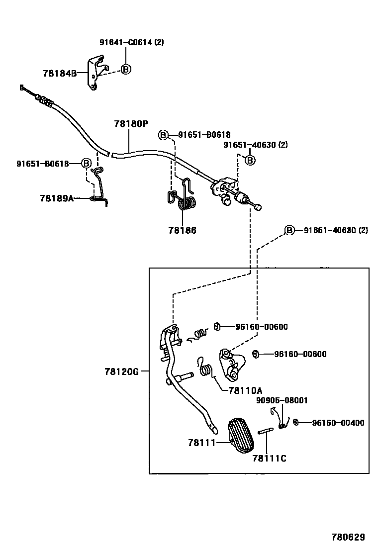 Toyota COROLLA accelerator pedal connecting rod EPC diagram — 780629