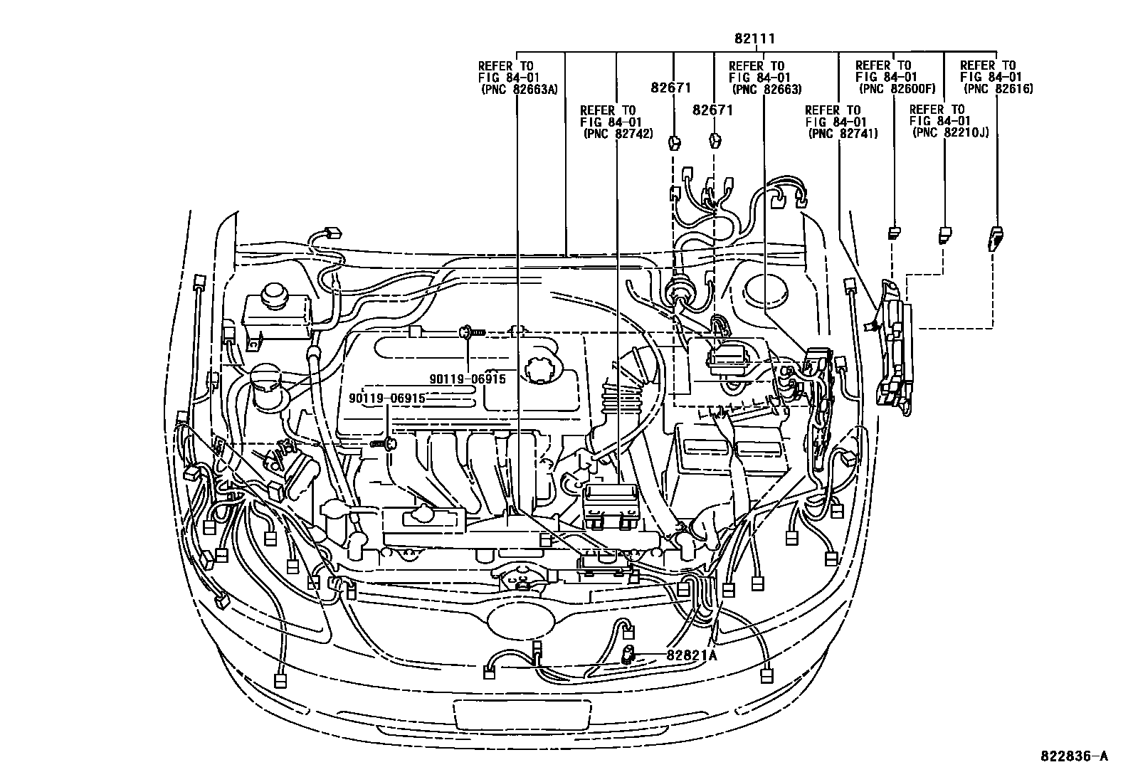 Toyota COROLLA 线束和卡夹 EPC diagram — 822836A