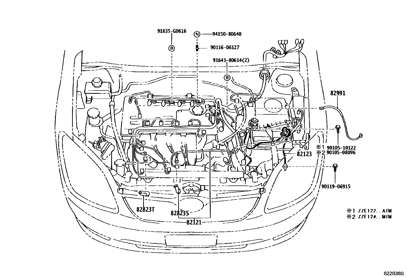 Toyota COROLLA 线束和卡夹 EPC diagram — 822838B