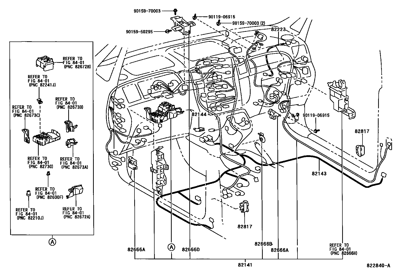 Toyota COROLLA 线束和卡夹 EPC diagram — 822840A