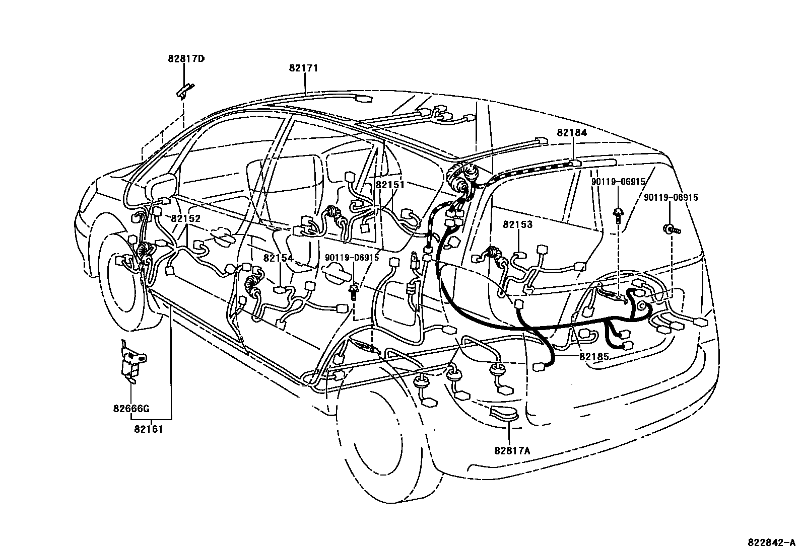 Toyota COROLLA 线束和卡夹 EPC diagram — 822842A