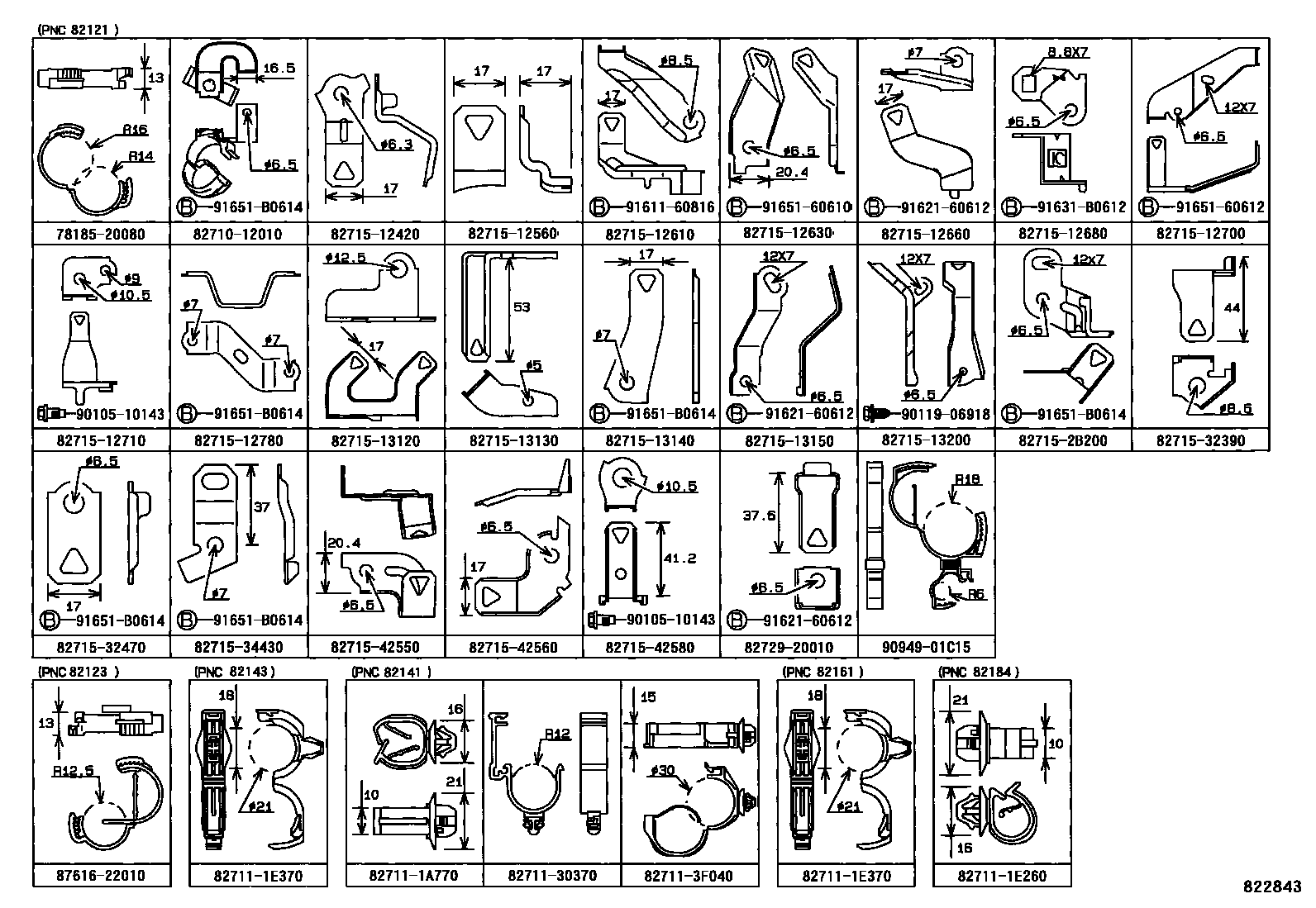 Toyota COROLLA 线束和卡夹 EPC diagram — 822843