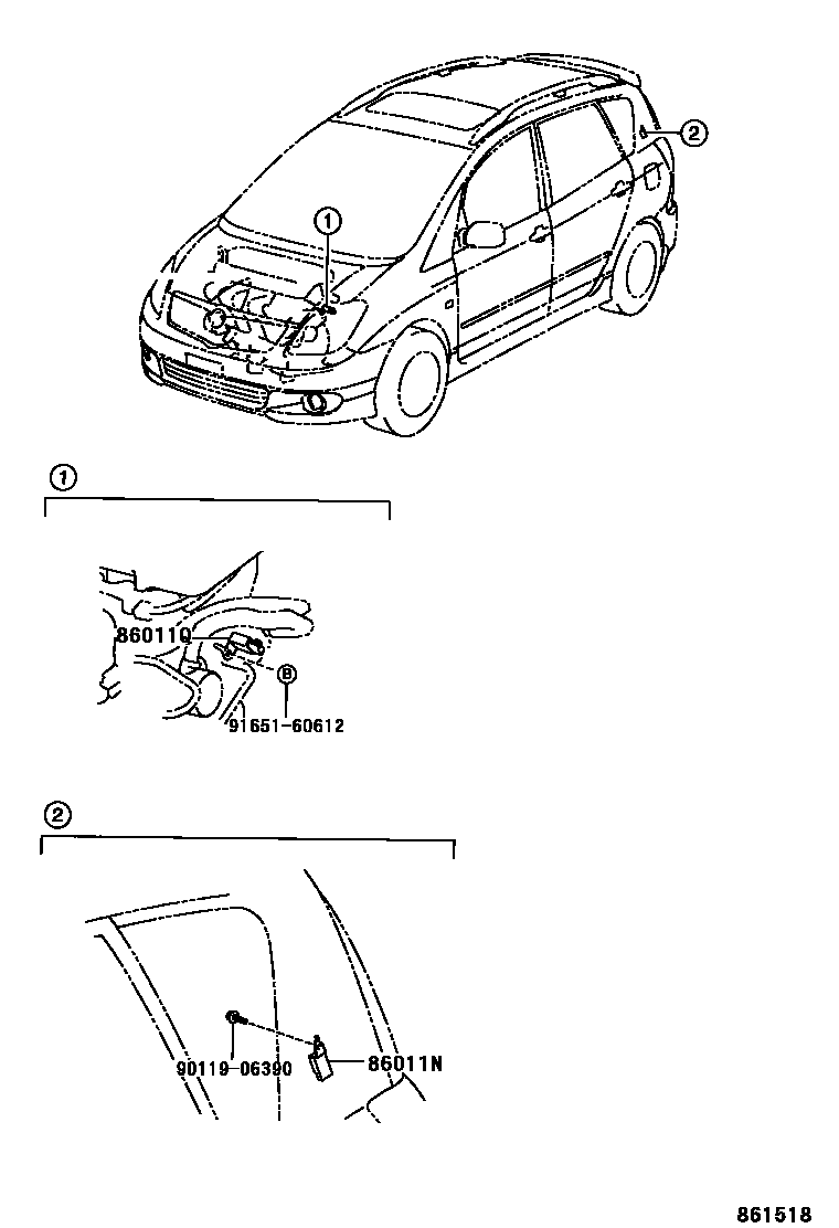 Toyota COROLLA 收音机、放大器和冷凝器 EPC diagram — 861518