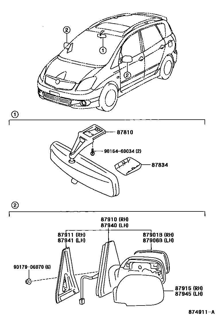 Toyota COROLLA 后视镜 EPC diagram — 874911A