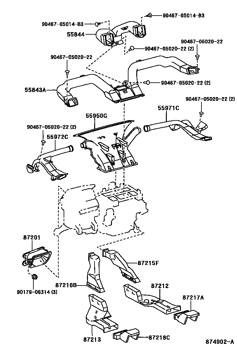 Toyota COROLLA 暖风和空调系统 - 控制器和风管 EPC diagram — 874902A