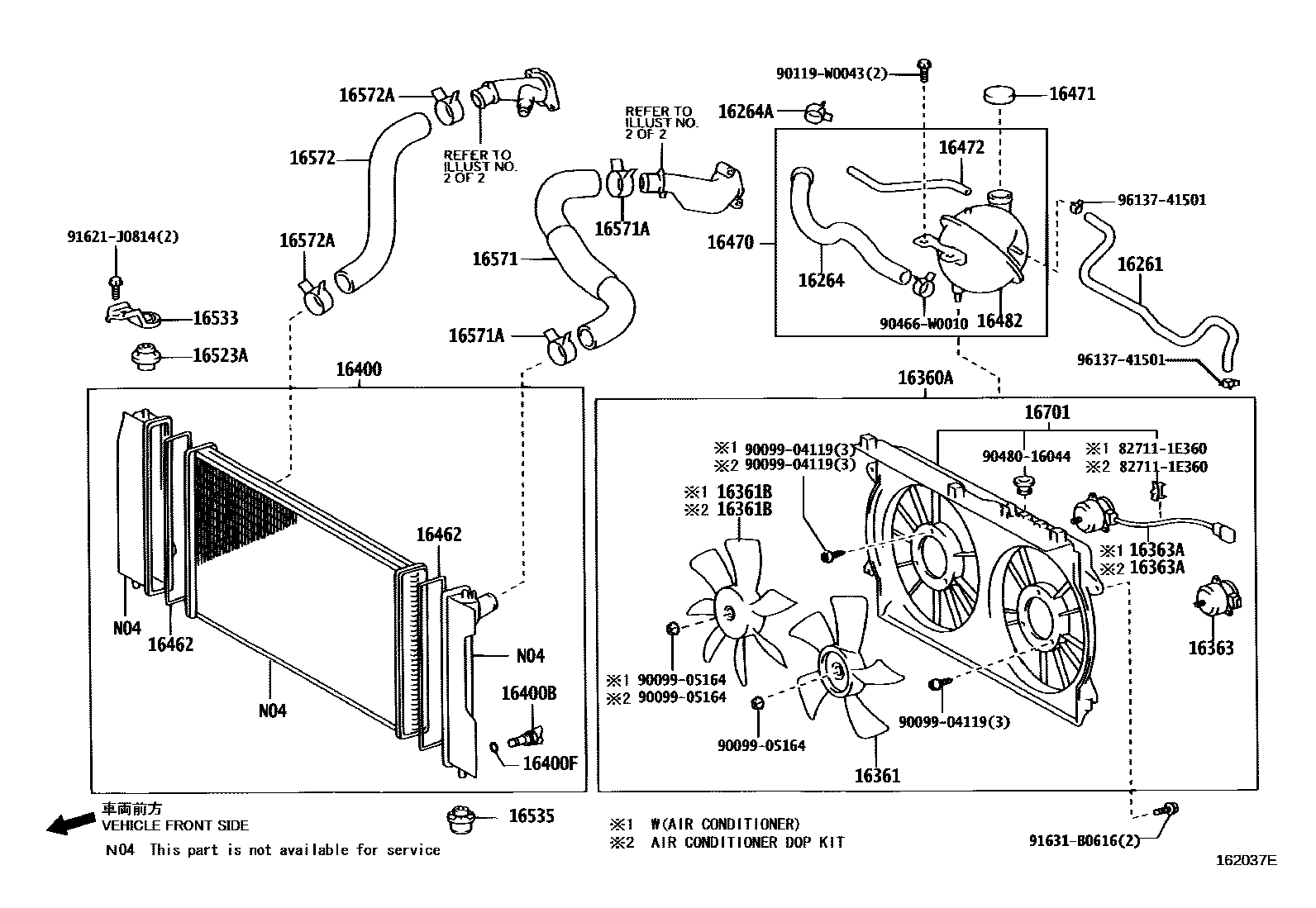Toyota COROLLA RADIATOR & WATER OUTLET EPC diagram — 162037E