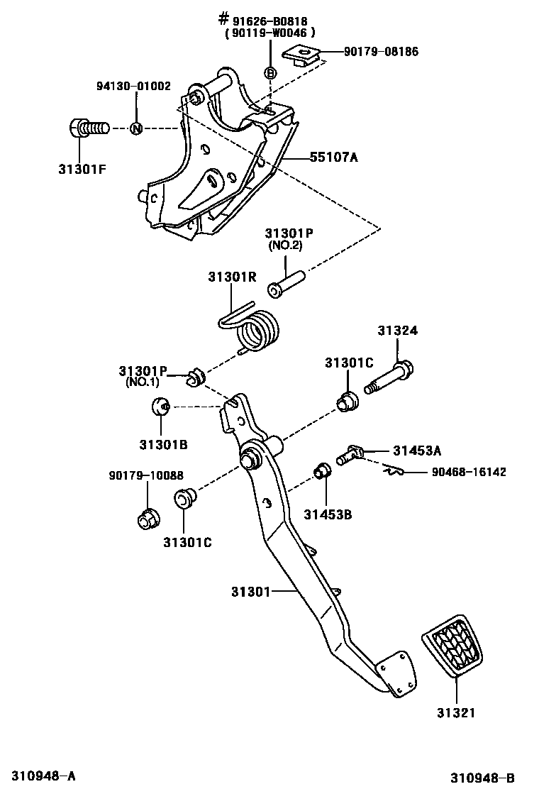 Toyota COROLLA 离合器踏板和挠性软管 EPC diagram — 310948B