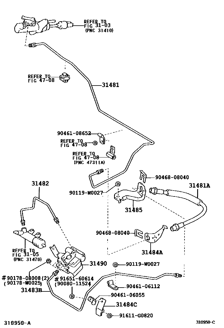 Toyota COROLLA 离合器踏板和挠性软管 EPC diagram — 310950C