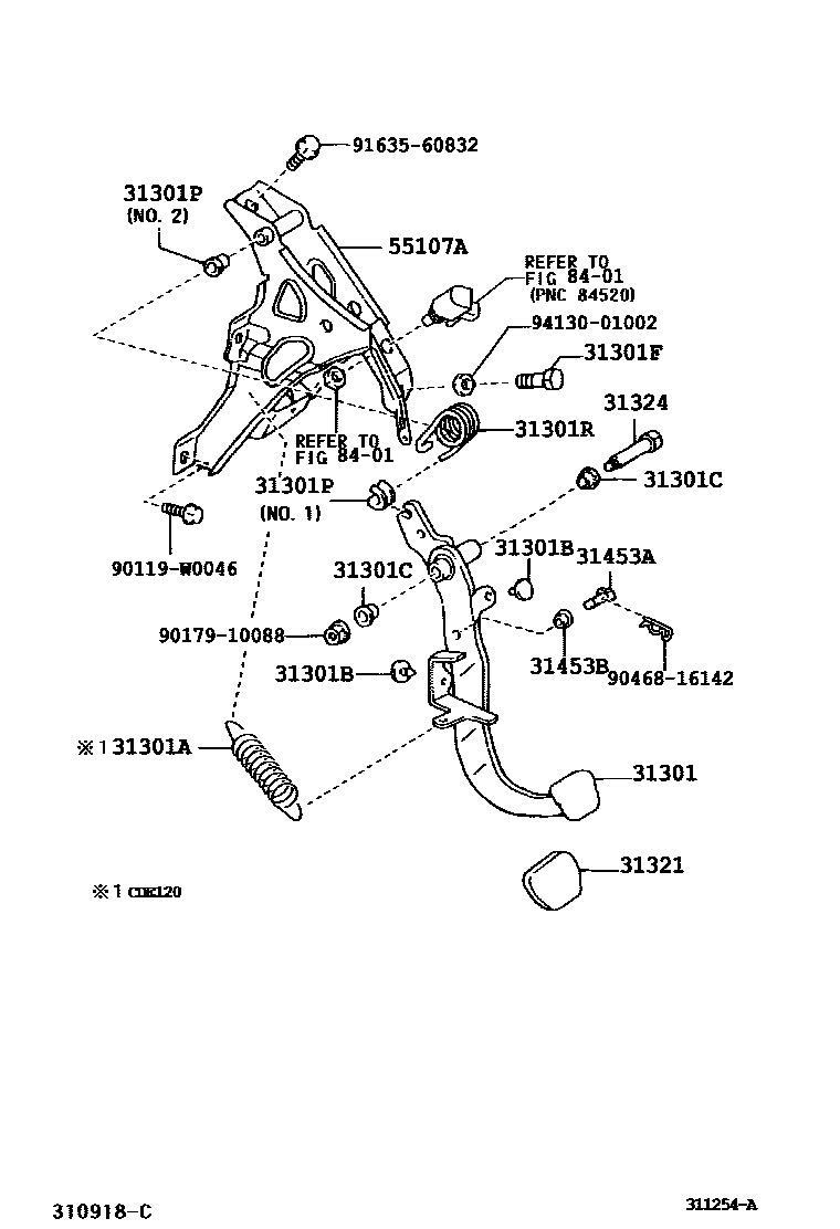 Toyota COROLLA 离合器踏板和挠性软管 EPC diagram — 311254A