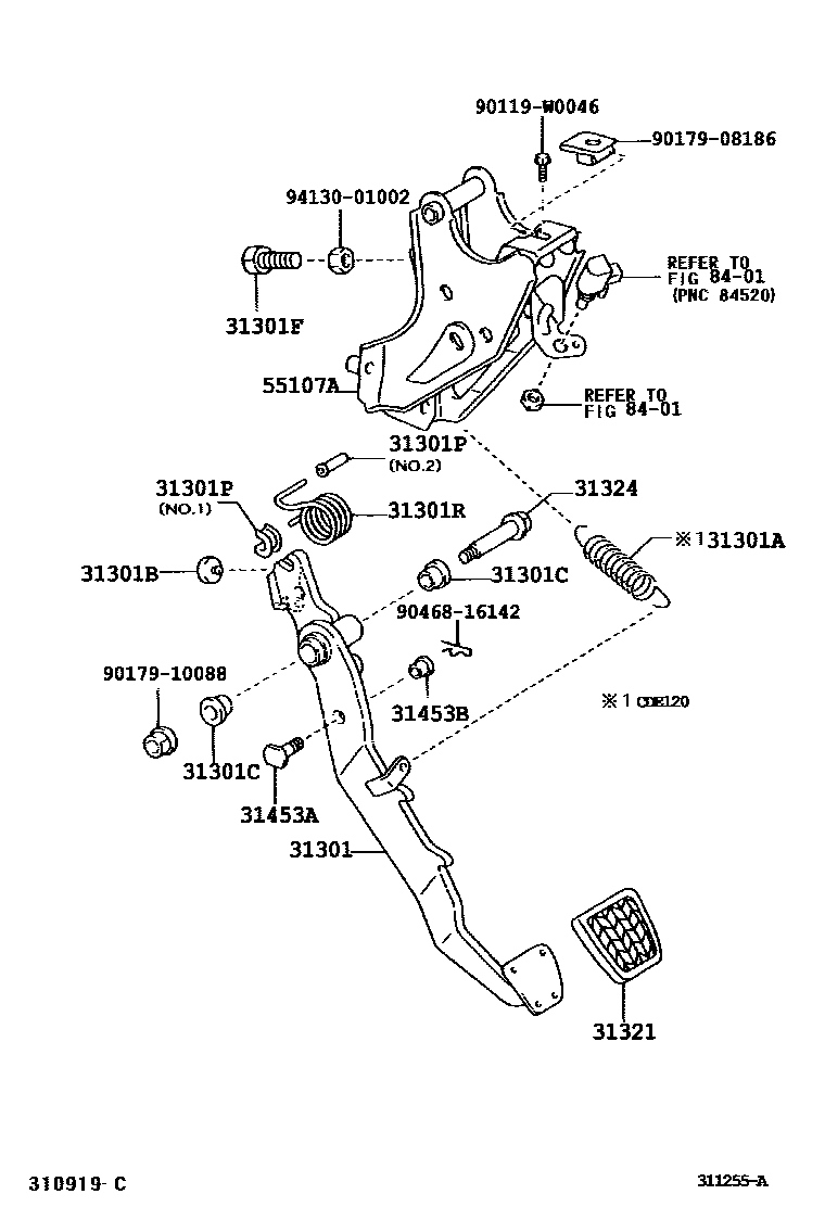 Toyota COROLLA 离合器踏板和挠性软管 EPC diagram — 311255A