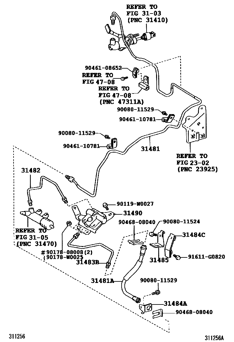Toyota COROLLA 离合器踏板和挠性软管 EPC diagram — 311256A
