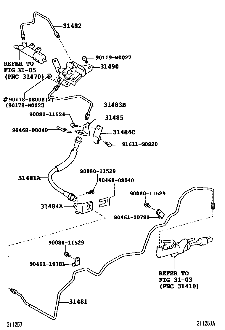 Toyota COROLLA 离合器踏板和挠性软管 EPC diagram — 311257A