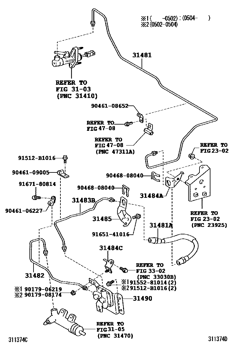 Toyota COROLLA 离合器踏板和挠性软管 EPC diagram — 311374D