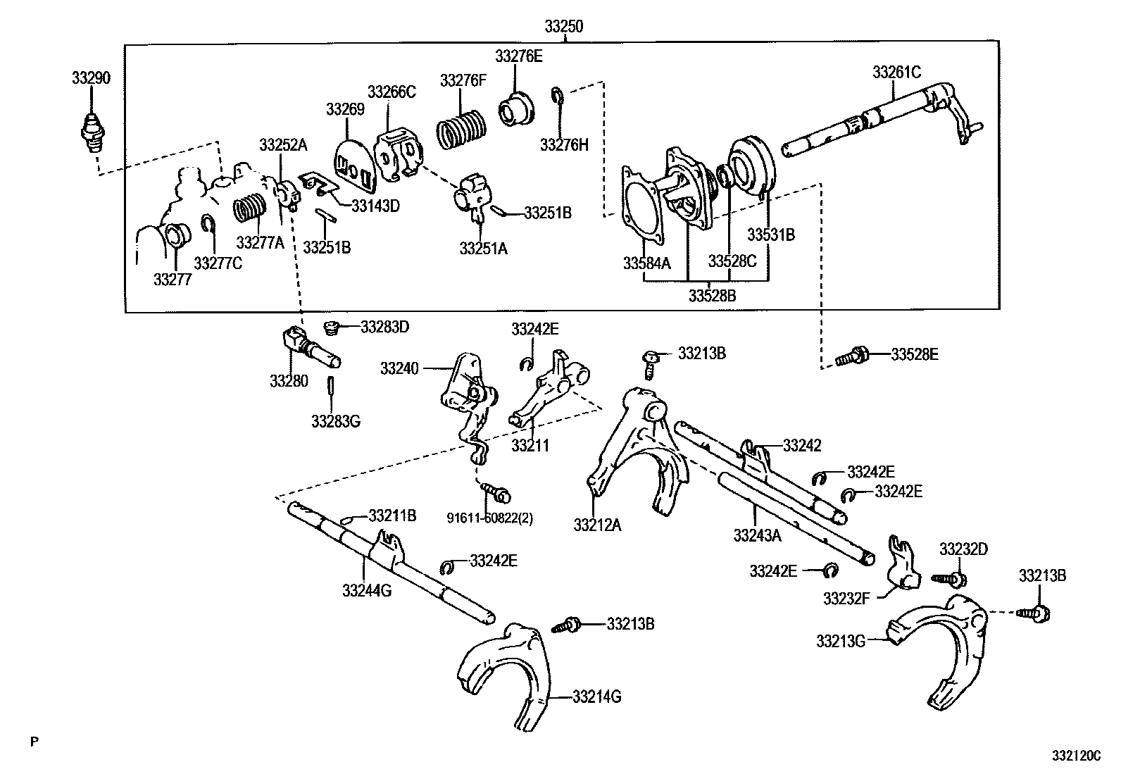 Toyota COROLLA 换档拨叉和换档杆轴(MTM) EPC diagram — 332120C