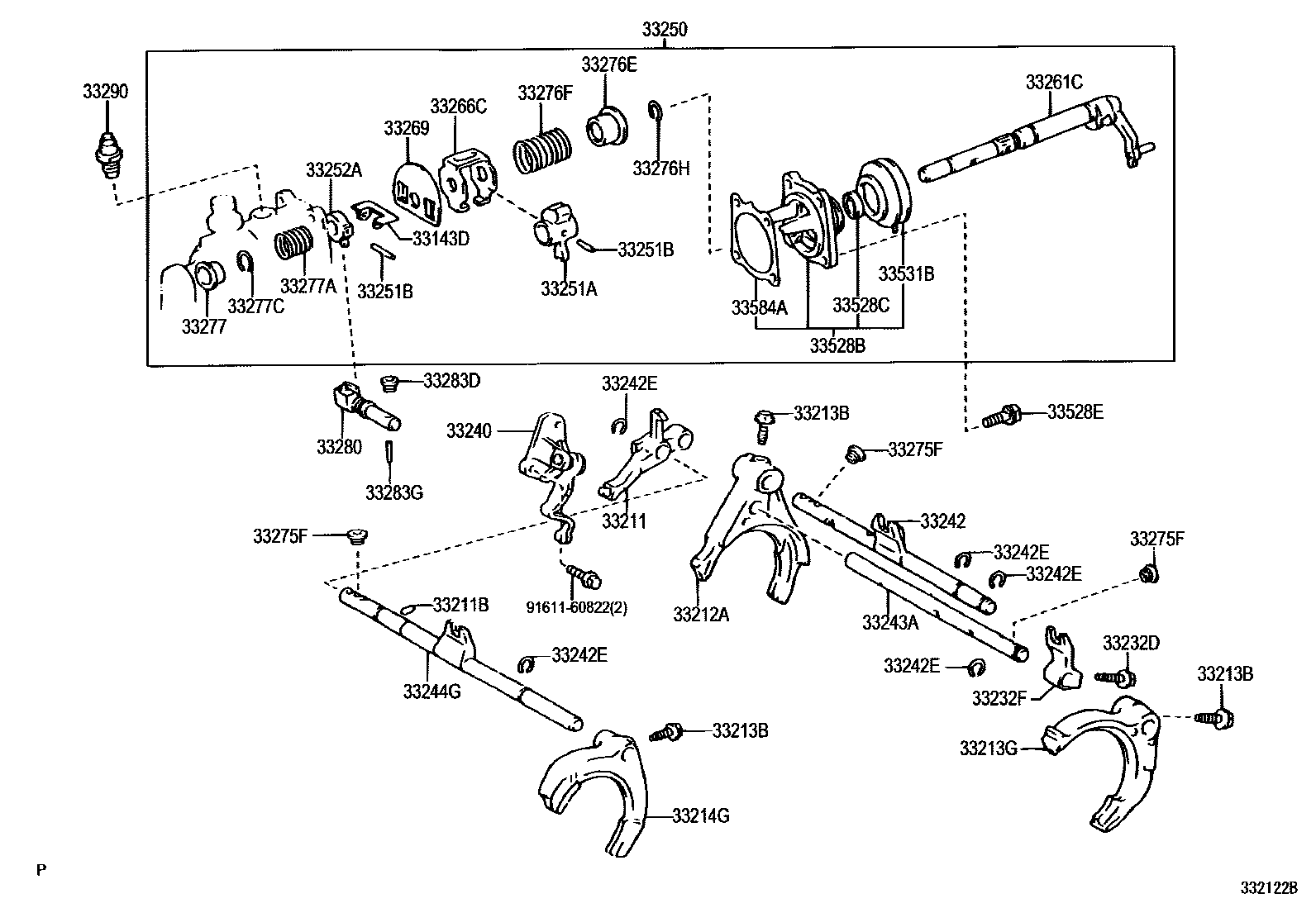 Toyota COROLLA 换档拨叉和换档杆轴(MTM) EPC diagram — 332122B