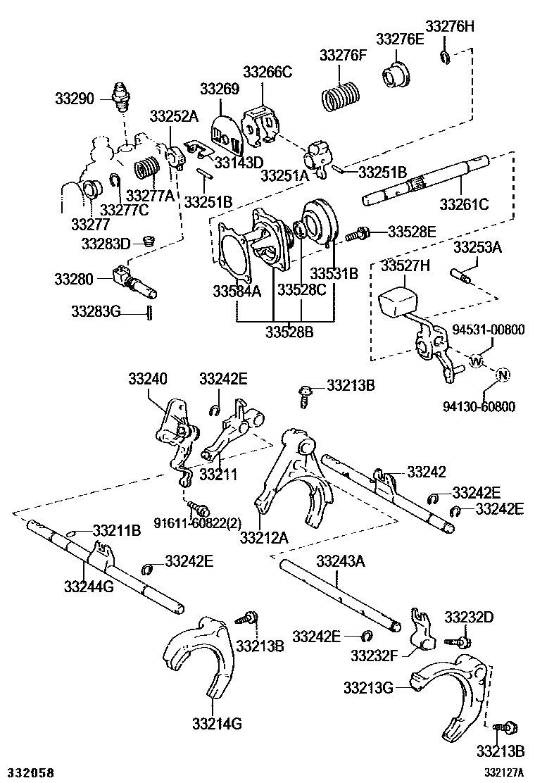 Toyota COROLLA 换档拨叉和换档杆轴(MTM) EPC diagram — 332127A