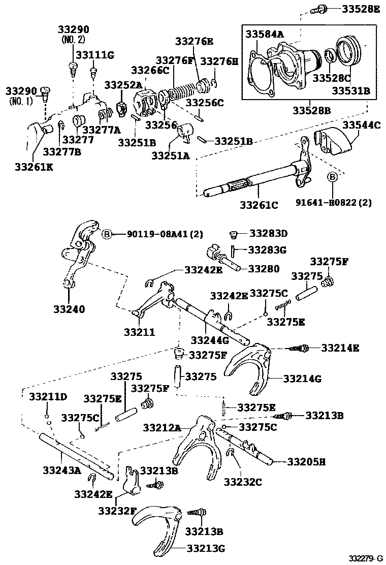 Toyota COROLLA 换档拨叉和换档杆轴(MTM) EPC diagram — 332279G