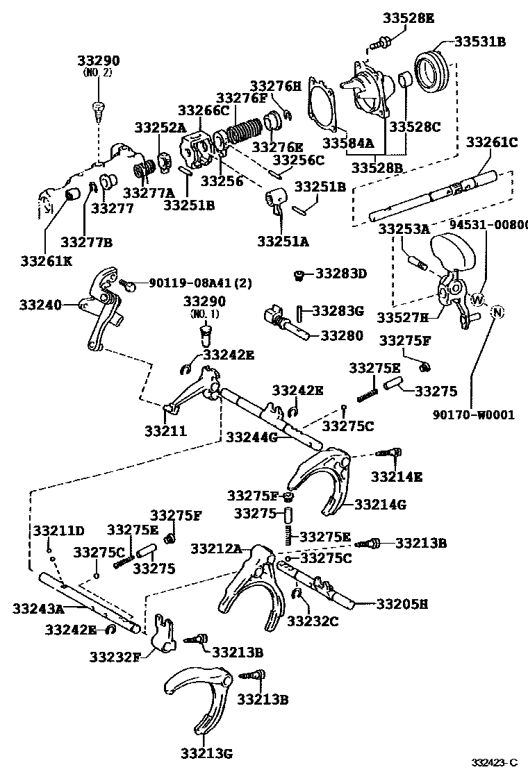 Toyota COROLLA 换档拨叉和换档杆轴(MTM) EPC diagram — 332423C