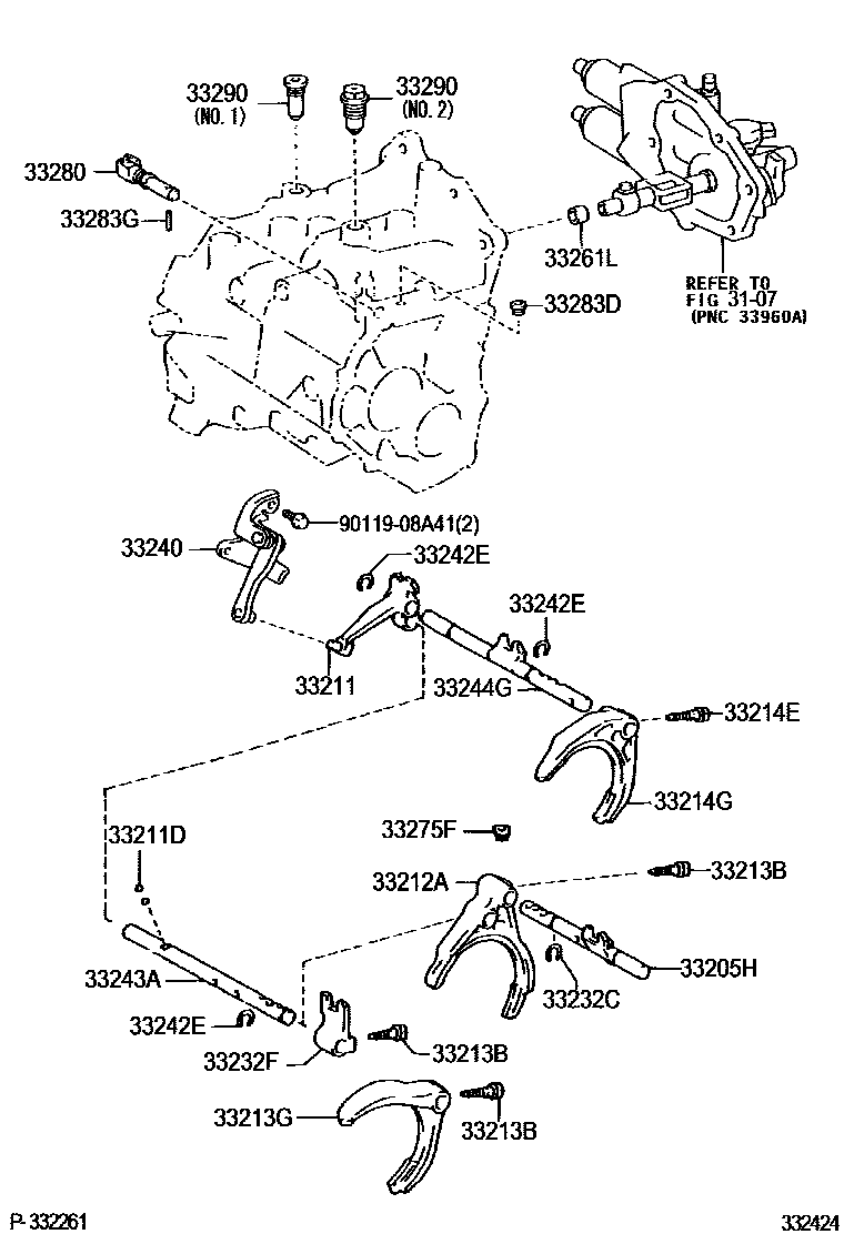 Toyota COROLLA 换档拨叉和换档杆轴(MTM) EPC diagram — 332424