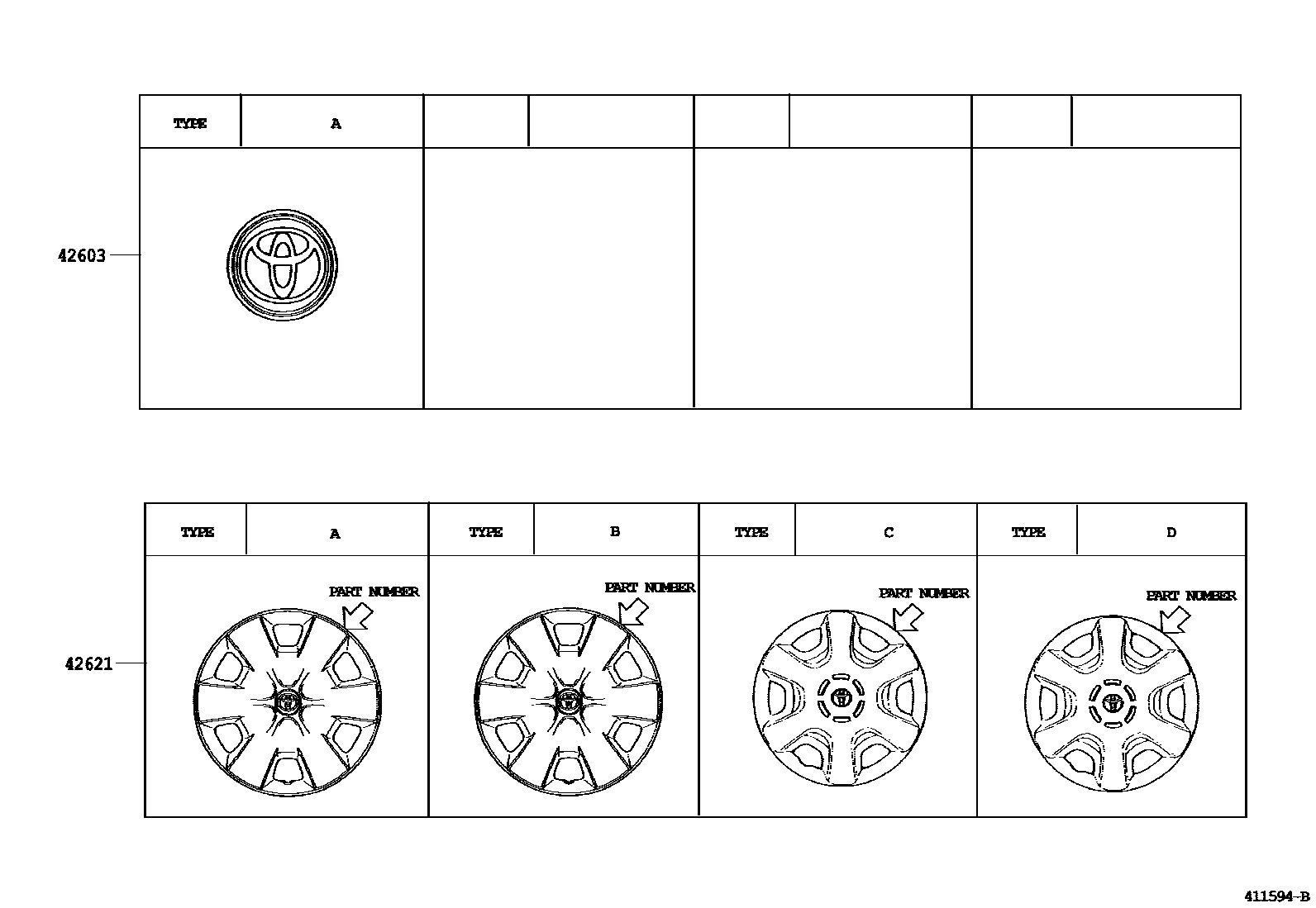 Toyota COROLLA 车轮和车轮盖 EPC diagram — 411594B