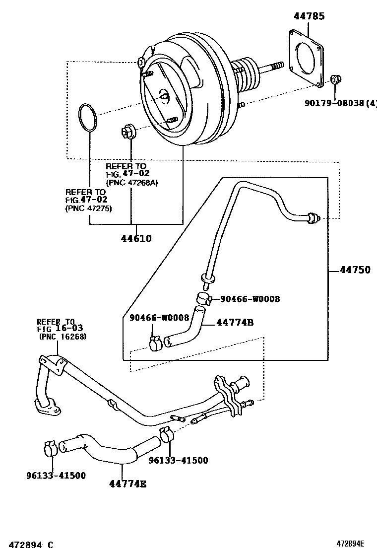 Toyota COROLLA 制动助力器和真空管 EPC diagram — 472894E