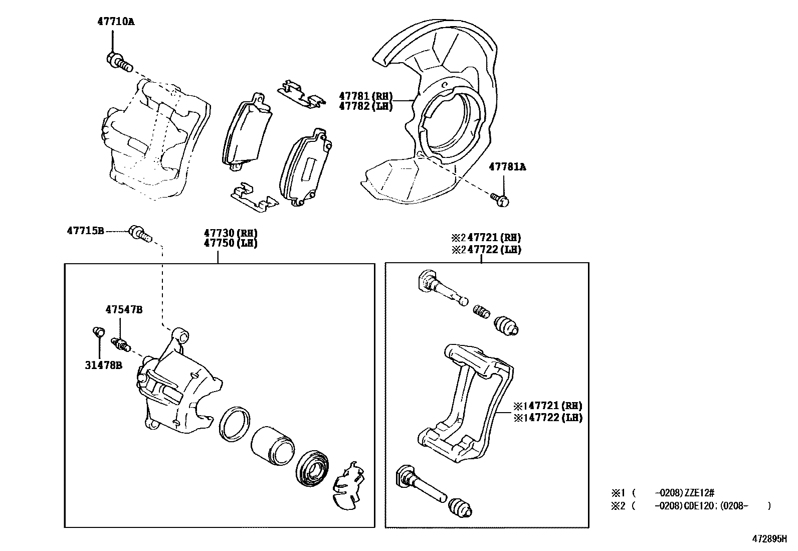 Toyota COROLLA 前盘式制动器卡钳和防尘罩 EPC diagram — 472895H