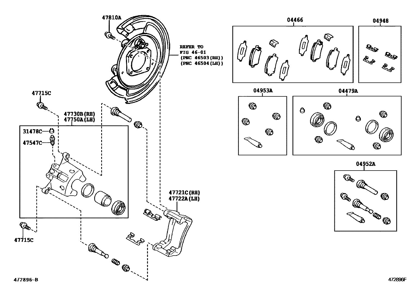 Toyota COROLLA 后盘式制动器卡钳和防尘罩 EPC diagram — 472896F