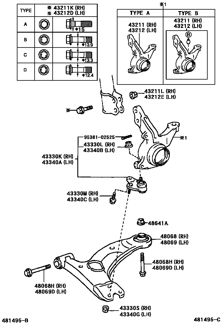 Toyota COROLLA 前桥控制臂和转向节 EPC diagram — 481495C