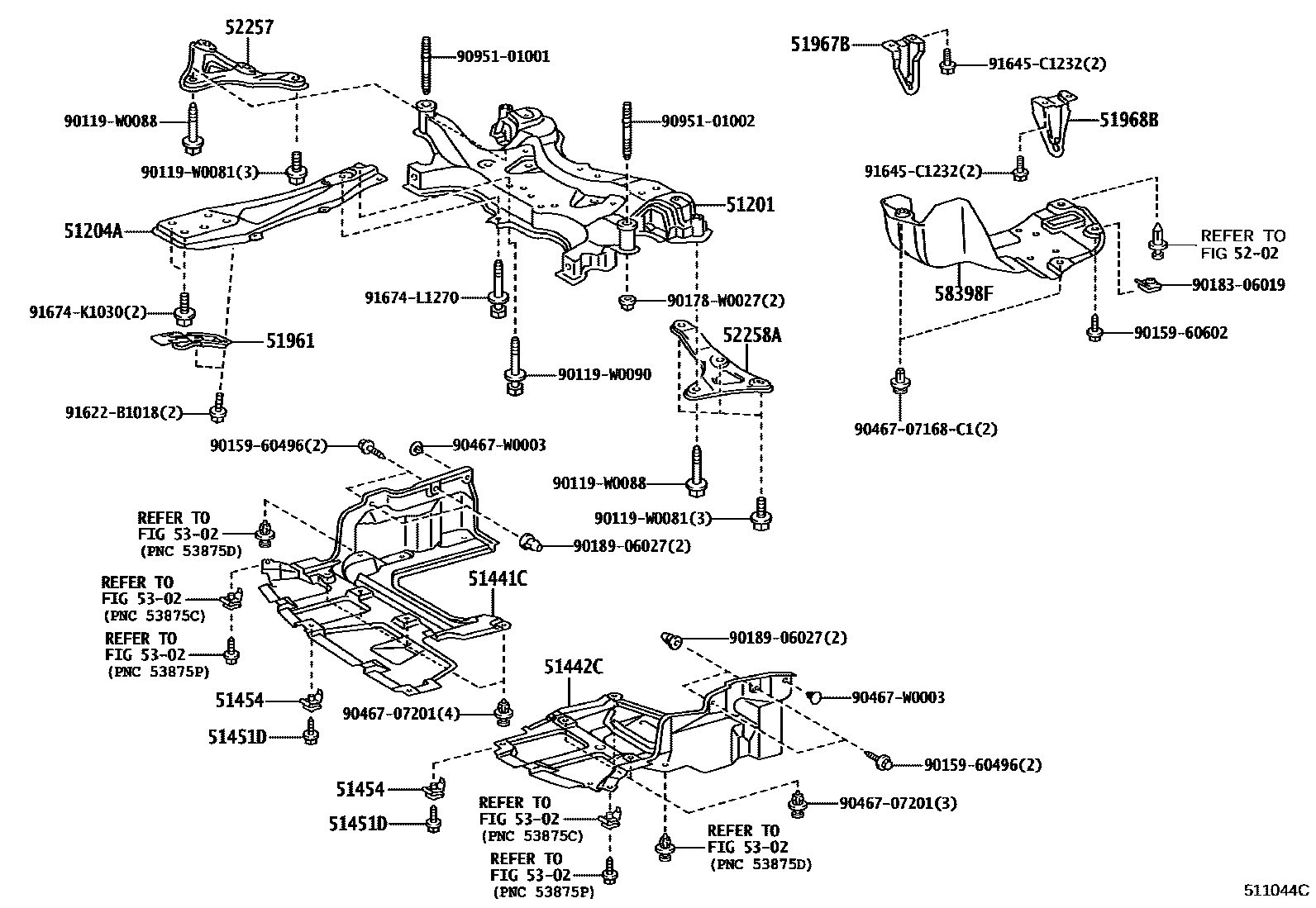 Toyota COROLLA 悬架横梁和发动机底罩 EPC diagram — 511044C