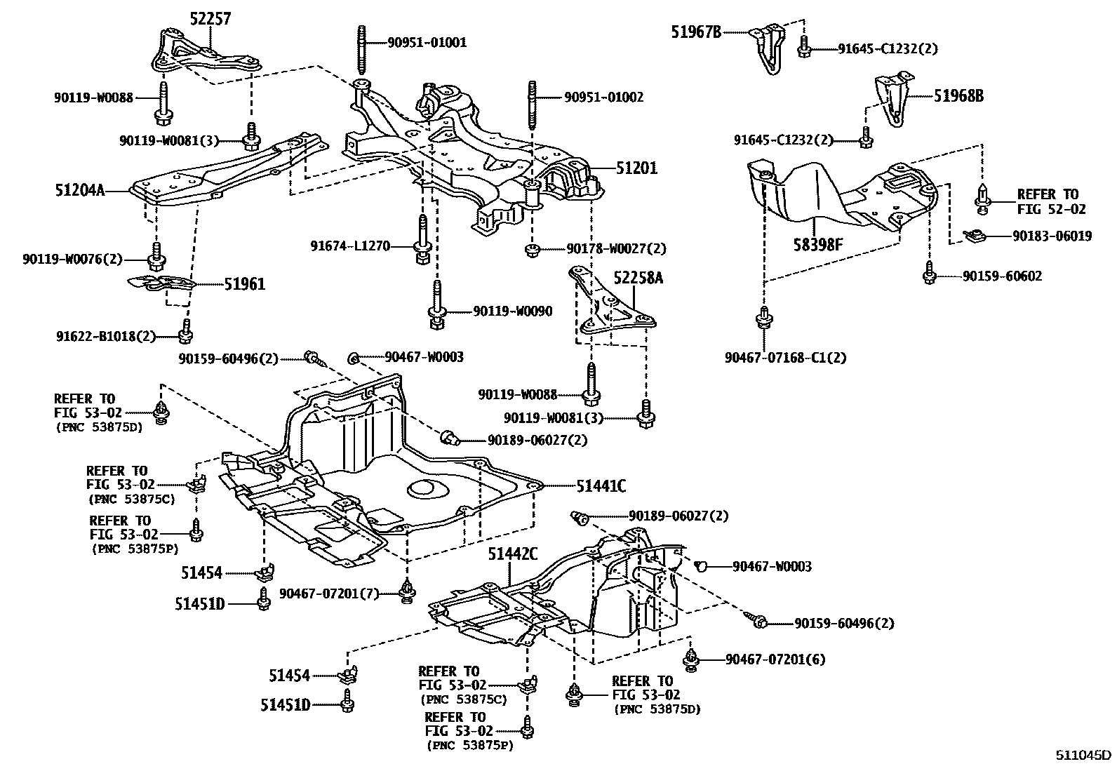 Toyota COROLLA 悬架横梁和发动机底罩 EPC diagram — 511045D