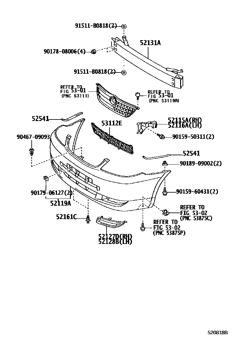 Toyota COROLLA 前保险杠及附件 EPC diagram — 520818B