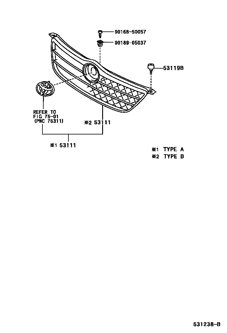 Toyota COROLLA radiator grille EPC diagram — 531238B