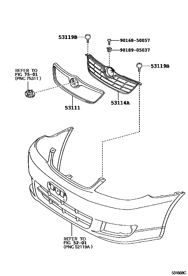Toyota COROLLA radiator grille EPC diagram — 531668C