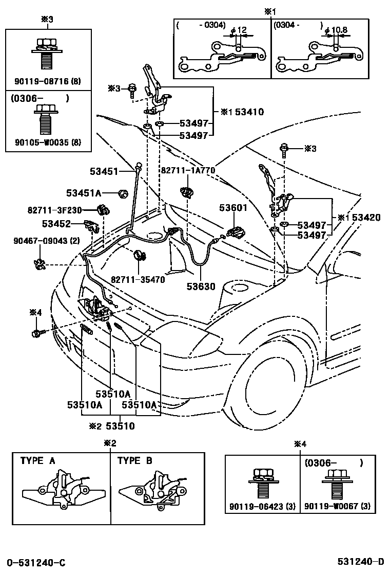 Toyota COROLLA 发动机盖锁和铰链 EPC diagram — 531240D