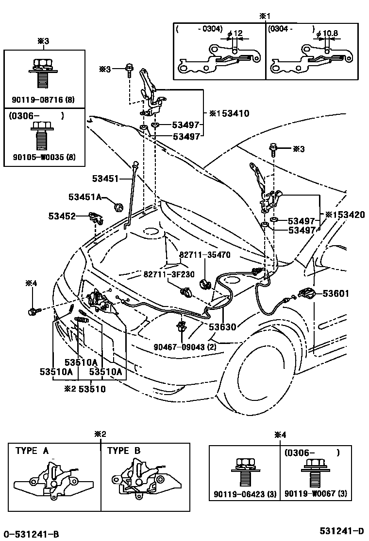 Toyota COROLLA 发动机盖锁和铰链 EPC diagram — 531241D