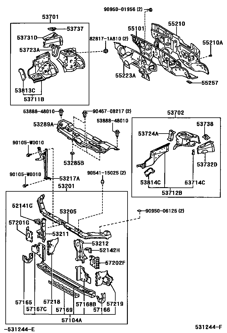 Toyota COROLLA 前翼子板挡泥板和前围板 EPC diagram — 531244F