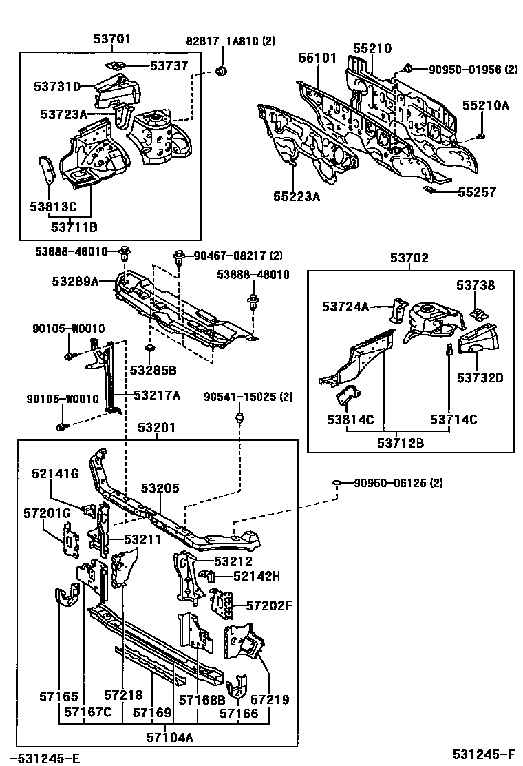 Toyota COROLLA 前翼子板挡泥板和前围板 EPC diagram — 531245F