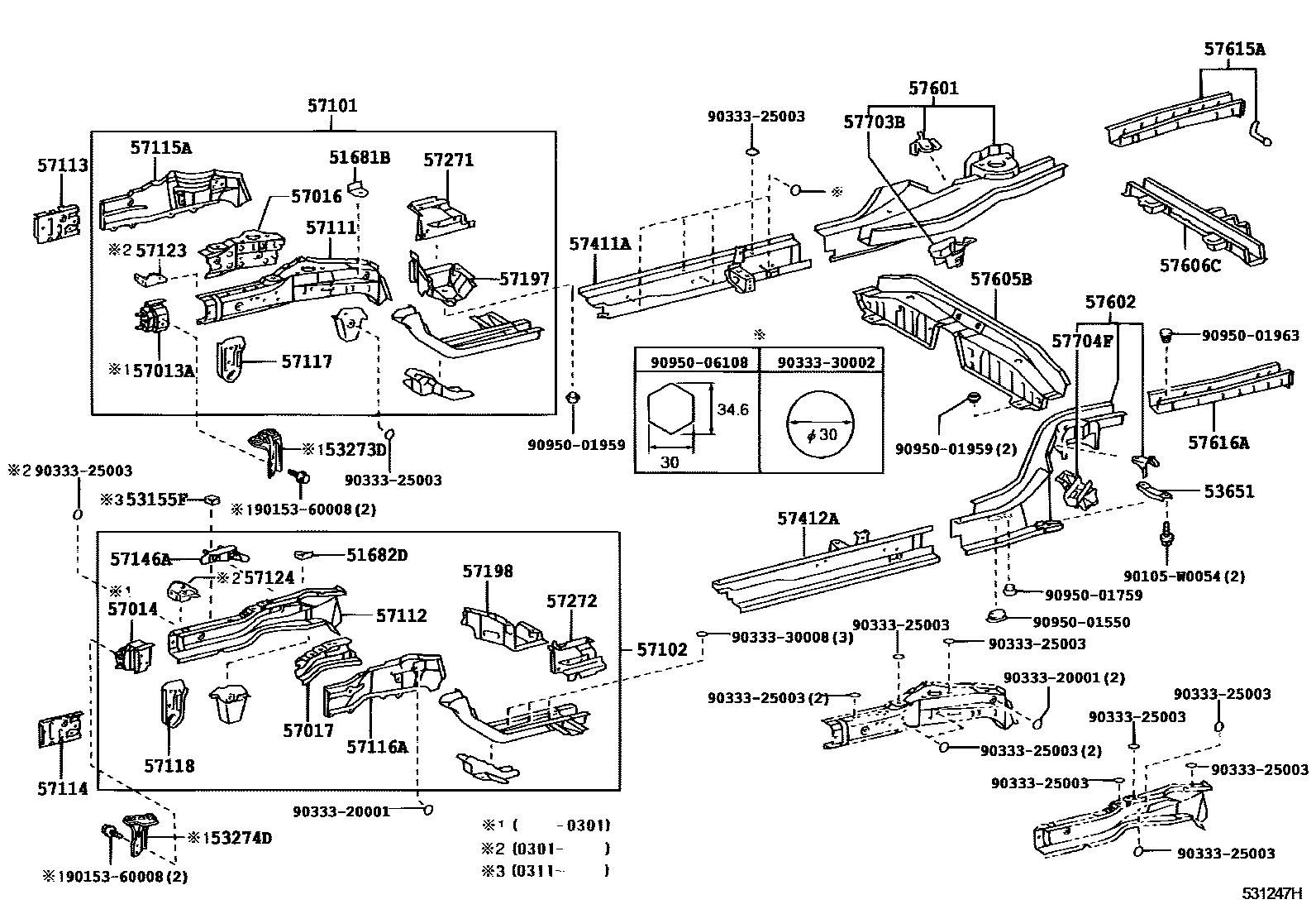 Toyota COROLLA Floor stringers EPC diagram — 531247H
