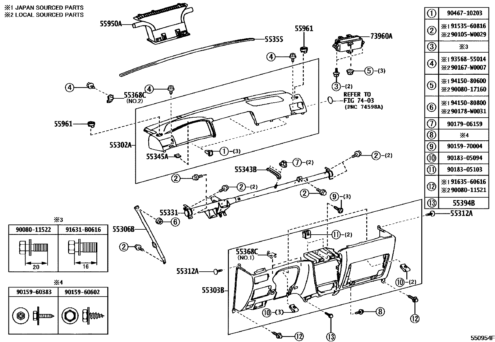 Toyota COROLLA 仪表板和手套箱 EPC diagram — 550954F
